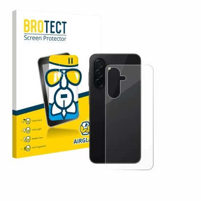 Parte frontal de un envase de producto con el logotipo de la marca BROTECT. Al lado se muestra el dispositivo Samsung Galaxy A