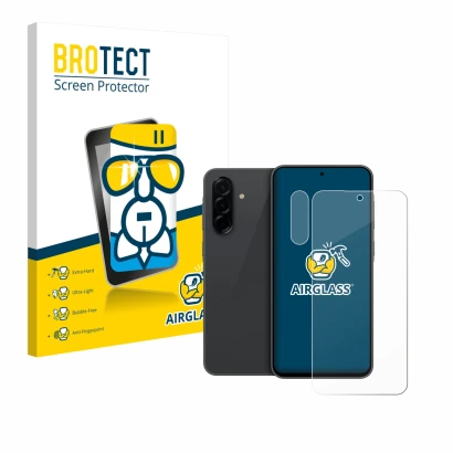 Parte frontal de un envase de producto con el logotipo de la marca BROTECT. Al lado se muestra el dispositivo Samsung Galaxy A