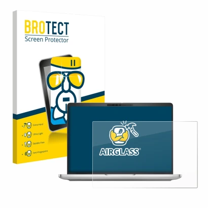 Parte frontal de un envase de producto con el logotipo de la marca BROTECT. Al lado se muestra el dispositivo Dell Pro 13 Plus