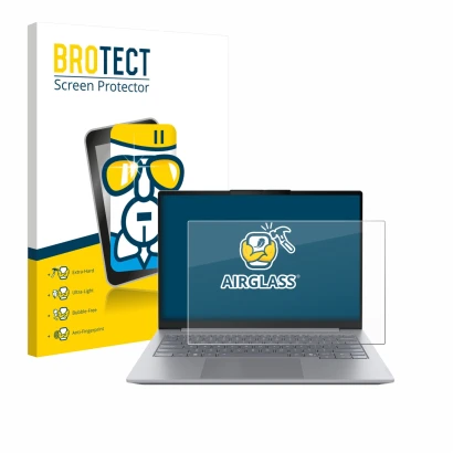 Parte frontal de un envase de producto con el logotipo de la marca BROTECT. Al lado se muestra el dispositivo Lenovo ThinkBook