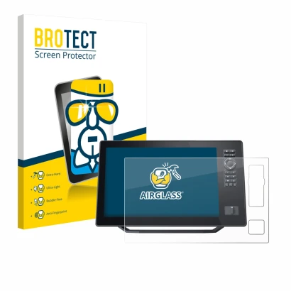 Parte frontal de un envase de producto con el logotipo de la marca BROTECT. Al lado se muestra el dispositivo Humminbird Xplor