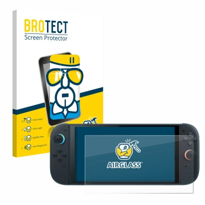 Parte frontal de un envase de producto con el logotipo de la marca BROTECT. Al lado se muestra el dispositivo Nintendo Switch 