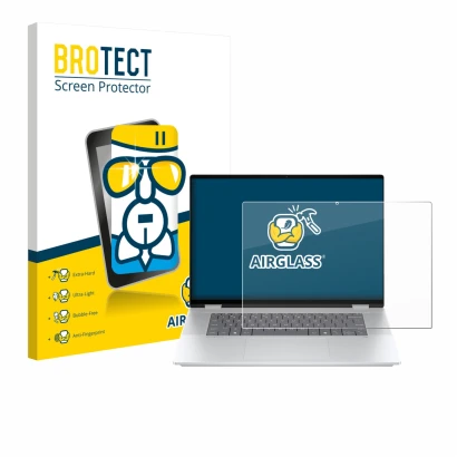 Parte frontal de un envase de producto con el logotipo de la marca BROTECT. Al lado se muestra el dispositivo HP OmniBook X Fl