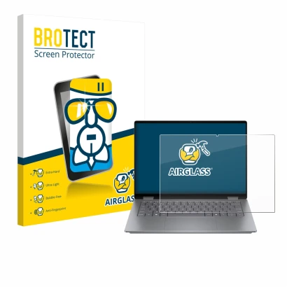 Parte frontal de un envase de producto con el logotipo de la marca BROTECT. Al lado se muestra el dispositivo HP OmniBook X Fl