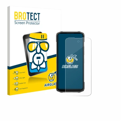 Parte frontal de un envase de producto con el logotipo de la marca BROTECT. Al lado se muestra el dispositivo Doogee Blade 20 