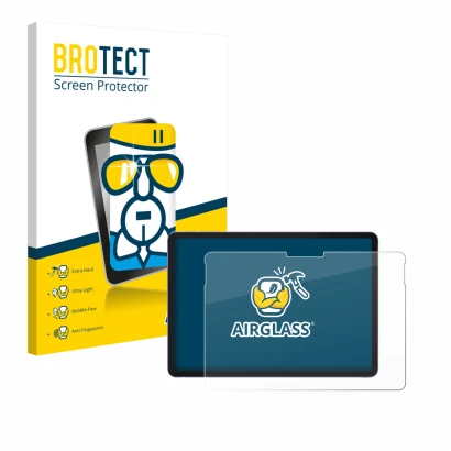 Parte frontal de un envase de producto con el logotipo de la marca BROTECT. Al lado se muestra el dispositivo Microsoft Surfac