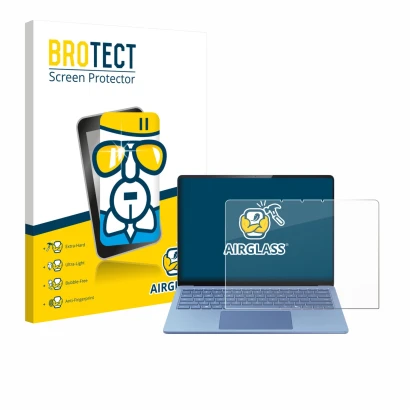 Parte frontal de un envase de producto con el logotipo de la marca BROTECT. Al lado se muestra el dispositivo Microsoft Surfac