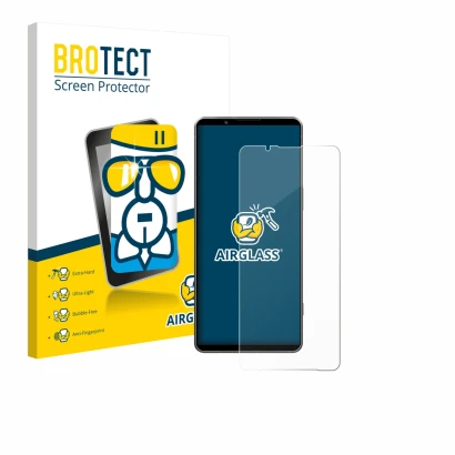 Parte frontal de un envase de producto con el logotipo de la marca BROTECT. Al lado se muestra el dispositivo Sony Xperia 1 VI