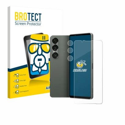 Parte frontal de un envase de producto con el logotipo de la marca BROTECT. Al lado se muestra el dispositivo Sony Xperia 1 VI