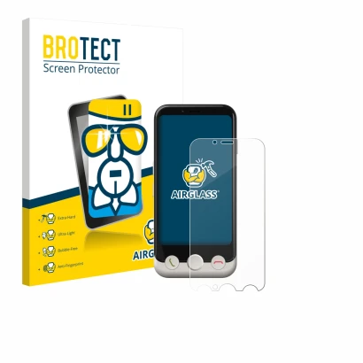 Parte frontal de un envase de producto con el logotipo de la marca BROTECT. Al lado se muestra el dispositivo Doro Aurora A10