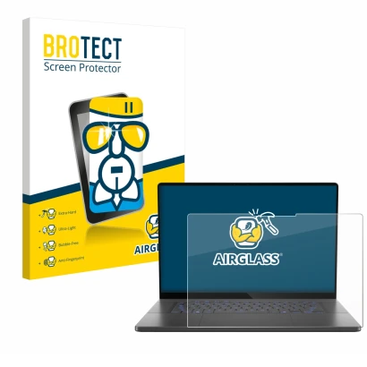 Parte frontal de un envase de producto con el logotipo de la marca BROTECT. Al lado se muestra el dispositivo ASUS ROG Zephyru