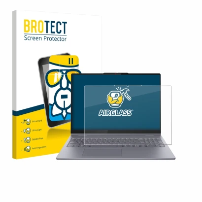 Parte frontal de un envase de producto con el logotipo de la marca BROTECT. Al lado se muestra el dispositivo Lenovo IdeaPad 5