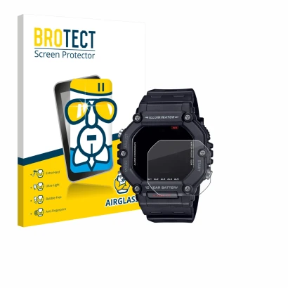 Parte frontal de un envase de producto con el logotipo de la marca BROTECT. Al lado se muestra el dispositivo Casio AE-1600H c