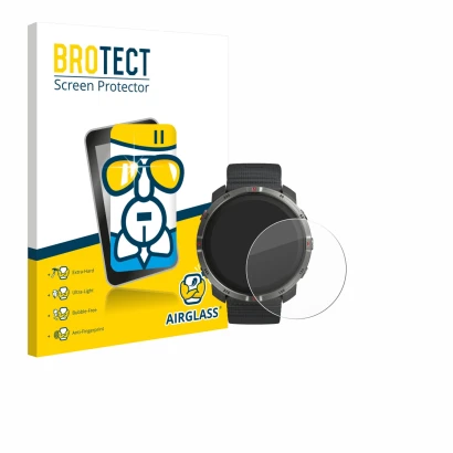 Parte frontal de un envase de producto con el logotipo de la marca BROTECT. Al lado se muestra el dispositivo Polar Grit X2 co