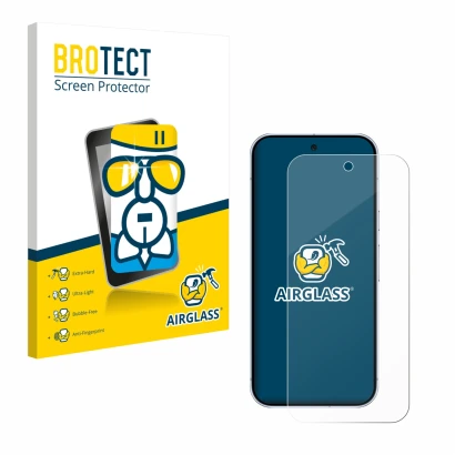 Parte frontal de un envase de producto con el logotipo de la marca BROTECT. Al lado se muestra el dispositivo Google Pixel 10 