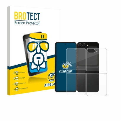 Parte frontal de un envase de producto con el logotipo de la marca BROTECT. Al lado se muestra el dispositivo Samsung Galaxy Z