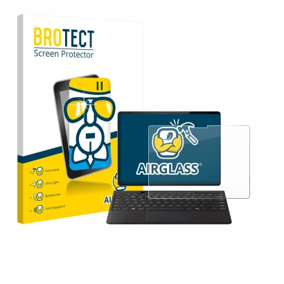 Parte frontal de un envase de producto con el logotipo de la marca BROTECT. Al lado se muestra el dispositivo Microsoft Surfac