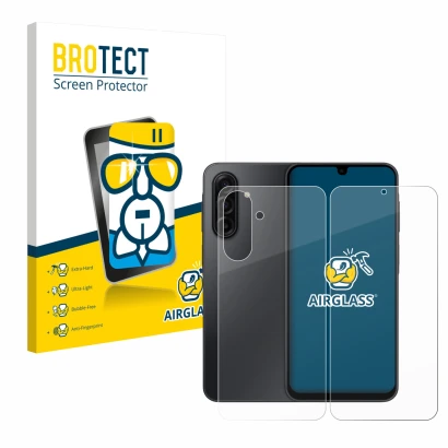 Parte frontal de un envase de producto con el logotipo de la marca BROTECT. Al lado se muestra el dispositivo Samsung Galaxy A