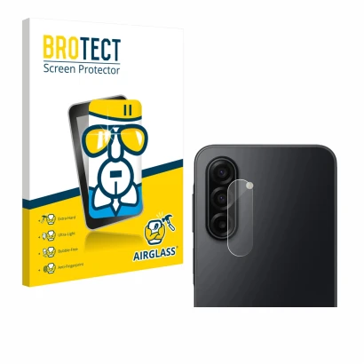 Parte frontal de un envase de producto con el logotipo de la marca BROTECT. Al lado se muestra el dispositivo Samsung Galaxy A