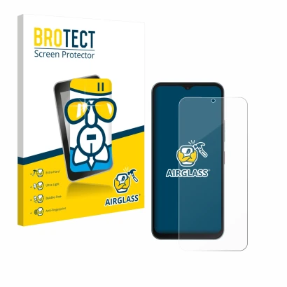 Parte frontal de un envase de producto con el logotipo de la marca BROTECT. Al lado se muestra el dispositivo Telekom T Phone