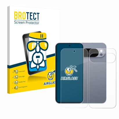 Parte frontal de un envase de producto con el logotipo de la marca BROTECT. Al lado se muestra el dispositivo Google Pixel 10 