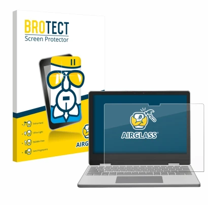 Parte frontal de un envase de producto con el logotipo de la marca BROTECT. Al lado se muestra el dispositivo Framework Laptop