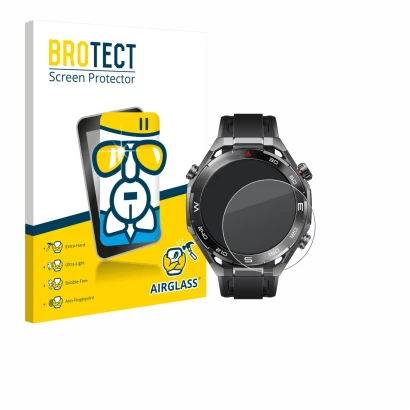 Parte frontal de un envase de producto con el logotipo de la marca BROTECT. Al lado se muestra el dispositivo Huawei Watch Ult