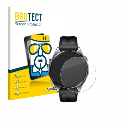 Parte frontal de un envase de producto con el logotipo de la marca BROTECT. Al lado se muestra el dispositivo Huawei Watch GT 