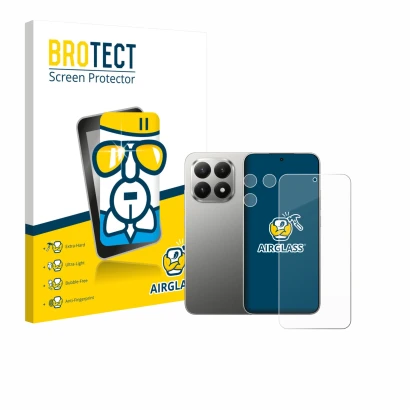 Parte frontal de un envase de producto con el logotipo de la marca BROTECT. Al lado se muestra el dispositivo Xiaomi 15T (Fron