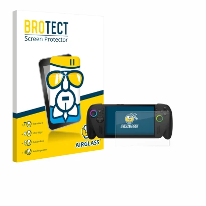 Parte frontal de un envase de producto con el logotipo de la marca BROTECT. Al lado se muestra el dispositivo ASUS ROG Ally X 