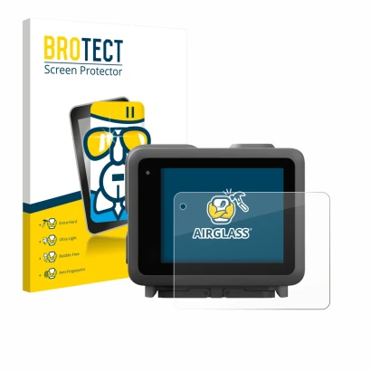 Parte frontal de un envase de producto con el logotipo de la marca BROTECT. Al lado se muestra el dispositivo GoPro Lit Hero c