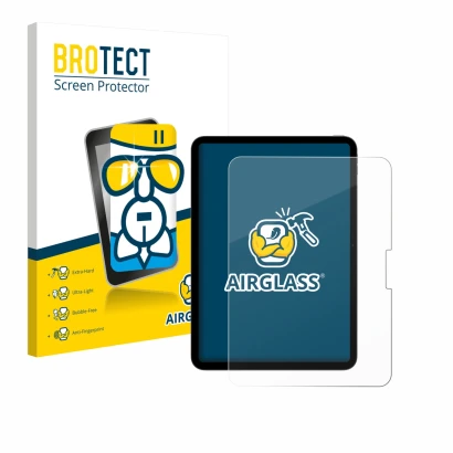 Parte frontal de un envase de producto con el logotipo de la marca BROTECT. Al lado se muestra el dispositivo Apple iPad Pro 1