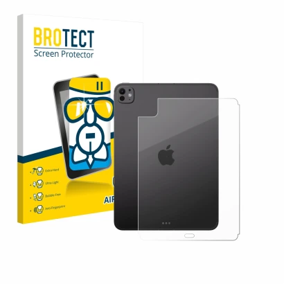 Parte frontal de un envase de producto con el logotipo de la marca BROTECT. Al lado se muestra el dispositivo Apple iPad Pro 1