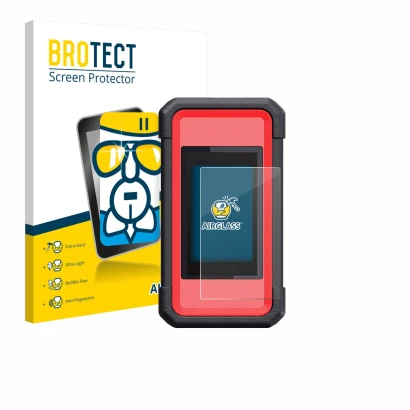 Parte frontal de un envase de producto con el logotipo de la marca BROTECT. Al lado se muestra el dispositivo Launch X431 Smar