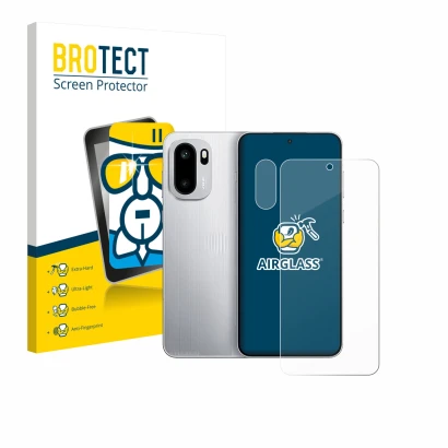 Parte frontal de un envase de producto con el logotipo de la marca BROTECT. Al lado se muestra el dispositivo OnePlus 15R (Fro