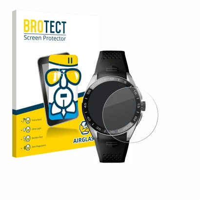 Parte frontal de un envase de producto con el logotipo de la marca BROTECT. Al lado se muestra el dispositivo TAG Heuer Connec