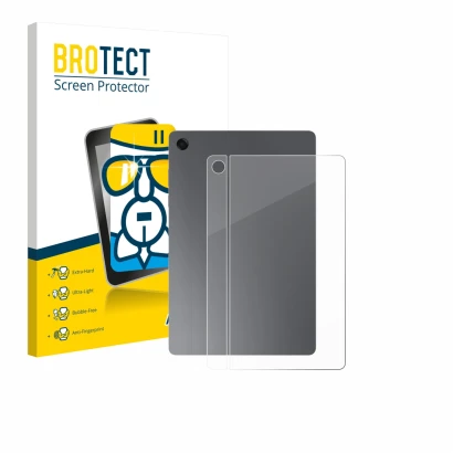 Parte frontal de un envase de producto con el logotipo de la marca BROTECT. Al lado se muestra el dispositivo Samsung Galaxy T