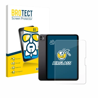 Parte frontal de un envase de producto con el logotipo de la marca BROTECT. Al lado se muestra el dispositivo Apple iPad Pro 1