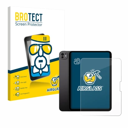 Parte frontal de un envase de producto con el logotipo de la marca BROTECT. Al lado se muestra el dispositivo Apple iPad Pro 1