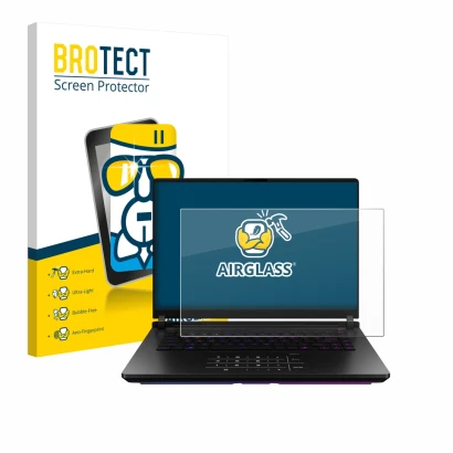 Parte frontal de un envase de producto con el logotipo de la marca BROTECT. Al lado se muestra el dispositivo ASUS ROG Strix S