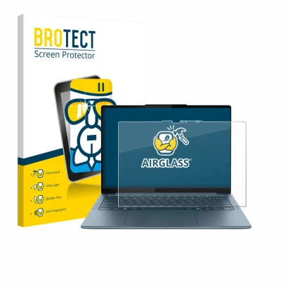 Parte frontal de un envase de producto con el logotipo de la marca BROTECT. Al lado se muestra el dispositivo Lenovo Yoga Slim