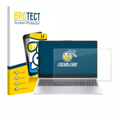 Parte frontal de un envase de producto con el logotipo de la marca BROTECT. Al lado se muestra el dispositivo HP OmniBook 3 15