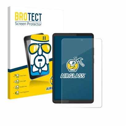 Parte frontal de un envase de producto con el logotipo de la marca BROTECT. Al lado se muestra el dispositivo Lenovo Tab K9 co