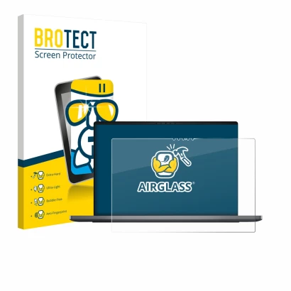 Parte frontal de un envase de producto con el logotipo de la marca BROTECT. Al lado se muestra el dispositivo Dell XPS 14 DA14