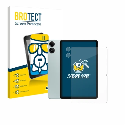 Parte frontal de un envase de producto con el logotipo de la marca BROTECT. Al lado se muestra el dispositivo Xiaomi Redmi Pad