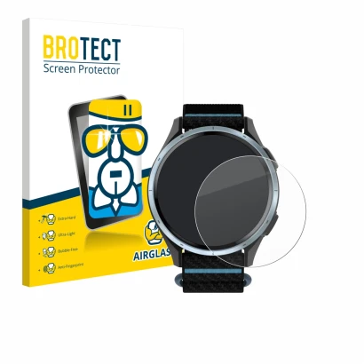 Parte frontal de un envase de producto con el logotipo de la marca BROTECT. Al lado se muestra el dispositivo Garmin Approach