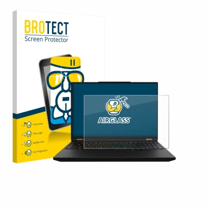 Parte frontal de un envase de producto con el logotipo de la marca BROTECT. Al lado se muestra el dispositivo XMG Apex 16 Max