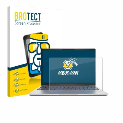 Parte frontal de un envase de producto con el logotipo de la marca BROTECT. Al lado se muestra el dispositivo HP EliteBook 8 G