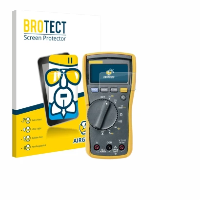 Parte frontal de un envase de producto con el logotipo de la marca BROTECT. Al lado se muestra el dispositivo Fluke MultiMeter