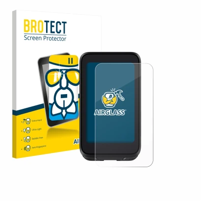 Parte frontal de un envase de producto con el logotipo de la marca BROTECT. Al lado se muestra el dispositivo igpsport BiNavi 